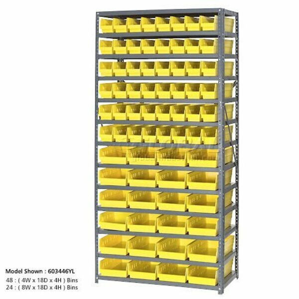 Global Industrial Steel Shelving with 60 4inH Plastic Shelf Bins Yellow, 36x18x72-13 Shelves 603445YL